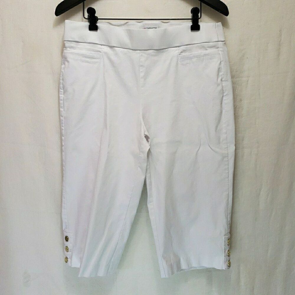 Liz Claiborne Alyssa Skimmer Womens 12 White Crop Pants Gold Button Capris